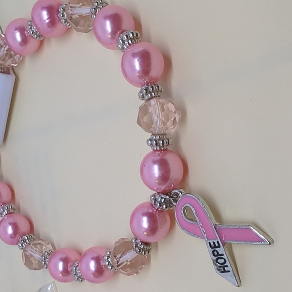 Breast Cancer HOPE Pink RIBBON Bracelet & Matching Earrings French Wires 3 PCS - Picture 2 of 12